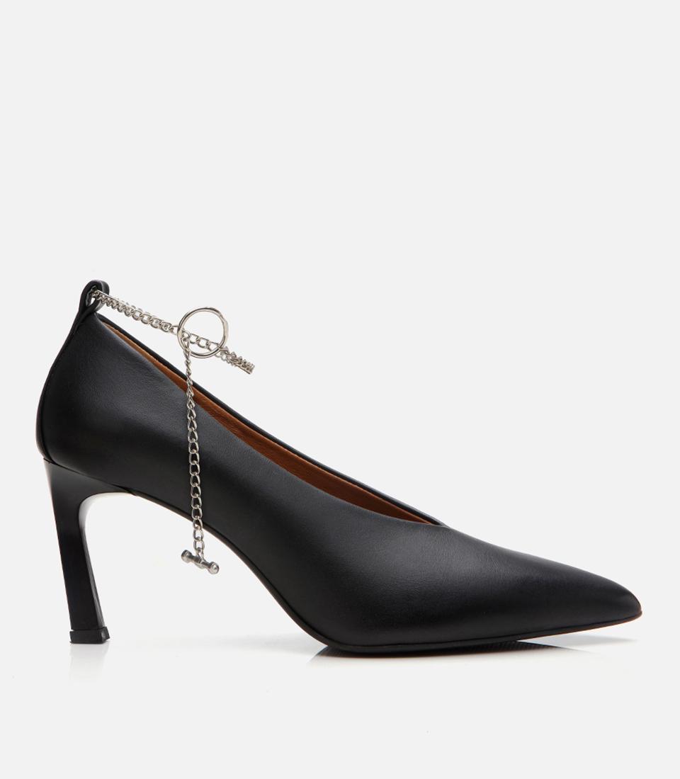  Kadın Deri Siyah Zincir Detaylı Stiletto