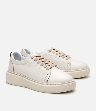  Kadın Deri Bej Kalın Tabanlı Spor Ayakkabı