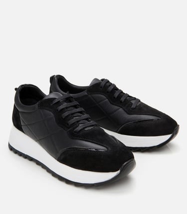  Kadın Deri Siyah Kalın Tabanlı Spor Ayakkabı