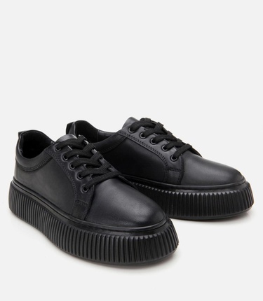  Kadın Deri Siyah Kalın Tabanlı Spor Ayakkabı