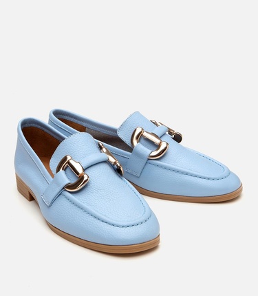  Kadın Deri Mavi Tokalı Günlük Loafer