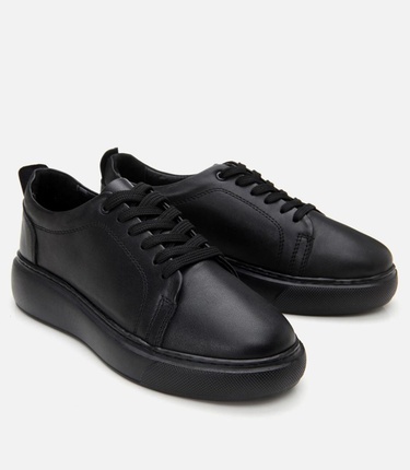  Kadın Deri Siyah Kalın Tabanlı Spor Ayakkabı