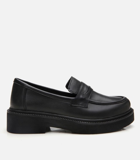  Kadın Deri Siyah Kalın Tabanlı Klasik Loafer