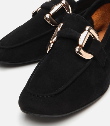  Kadın Süet Deri Siyah Tokalı Günlük Loafer