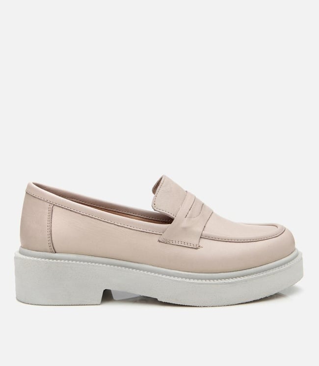  Kadın Deri Bej Kalın Tabanlı Klasik Loafer