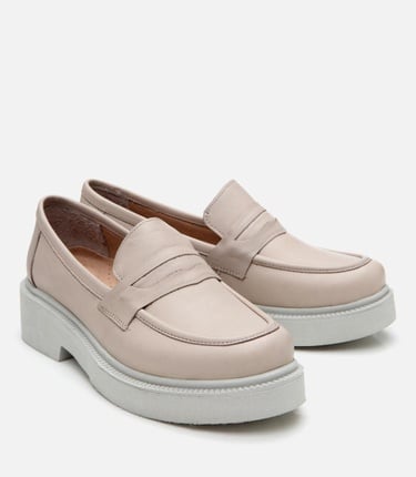  Kadın Deri Bej Kalın Tabanlı Klasik Loafer