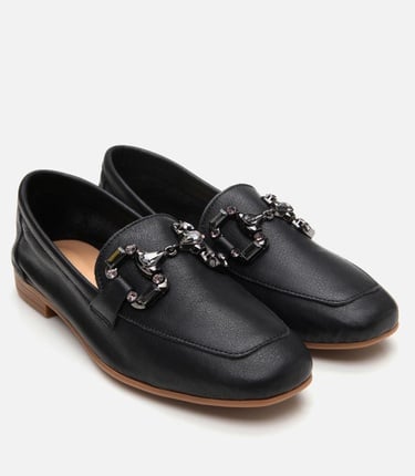  Kadın Deri Siyah Tokalı Klasik Loafer