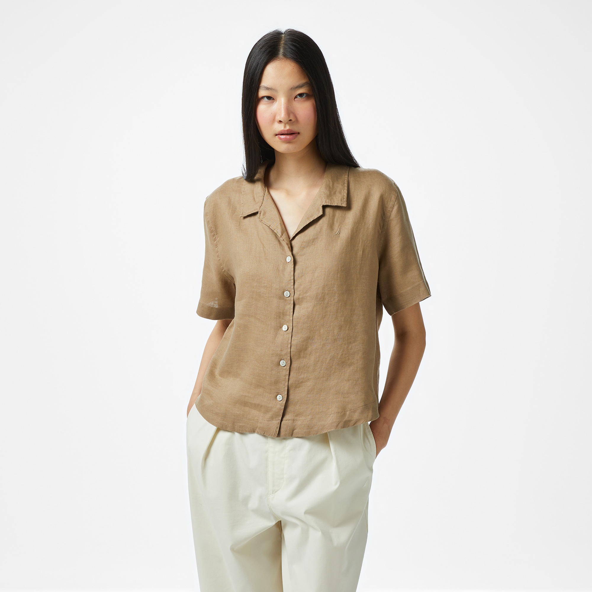 Nautica Kadın Kahverengi Regular Fit Keten Gömlek