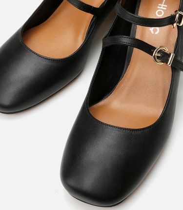  Kadın Deri Mary Jane Siyah Kalın Topuk