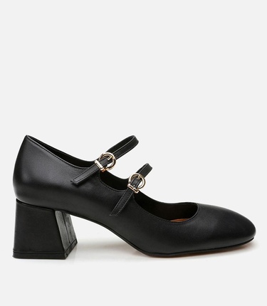  Kadın Deri Mary Jane Siyah Kalın Topuk