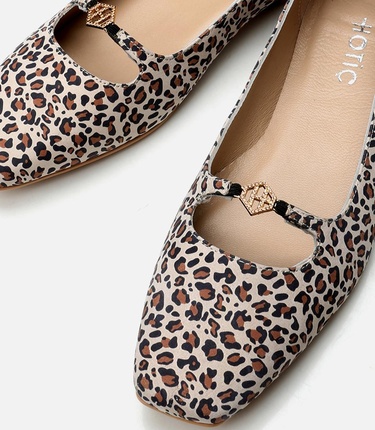  Kadın Deri Mary Jane Leopar Desenli Babet