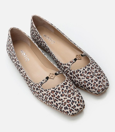  Kadın Deri Mary Jane Leopar Desenli Babet