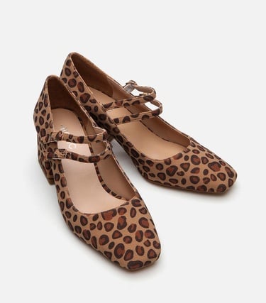  Kadın Mary Jane Leopar Desenli Kalın Topuklu Ayakkabı