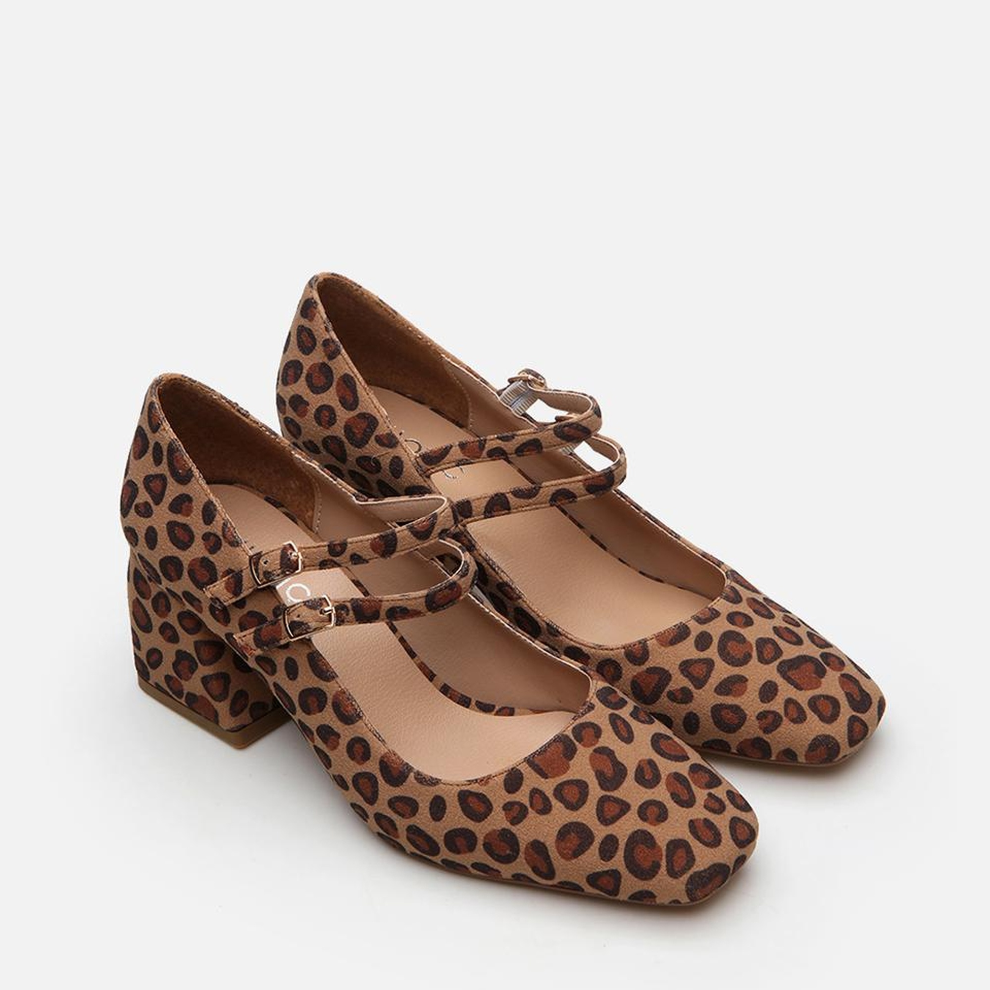 Kadın Mary Jane Leopar Desenli Kalın Topuklu Ayakkabı