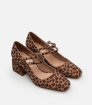  Kadın Mary Jane Leopar Desenli Kalın Topuklu Ayakkabı