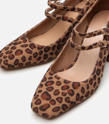  Kadın Mary Jane Leopar Desenli Kalın Topuklu Ayakkabı