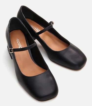  Kadın Deri Mary Jane Siyah Kalın Topuklu Ayakkabı