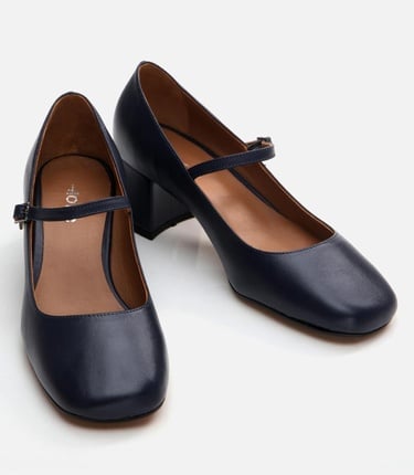  Kadın Deri Mary Jane Lacivert Kalın Topuklu Ayakkabı