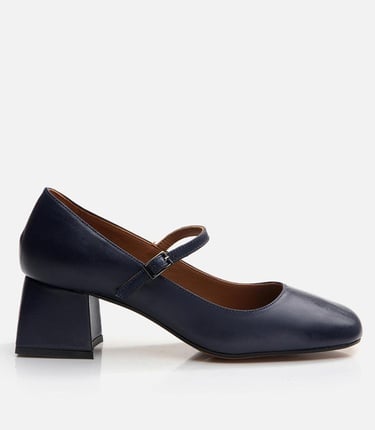  Kadın Deri Mary Jane Lacivert Kalın Topuklu Ayakkabı