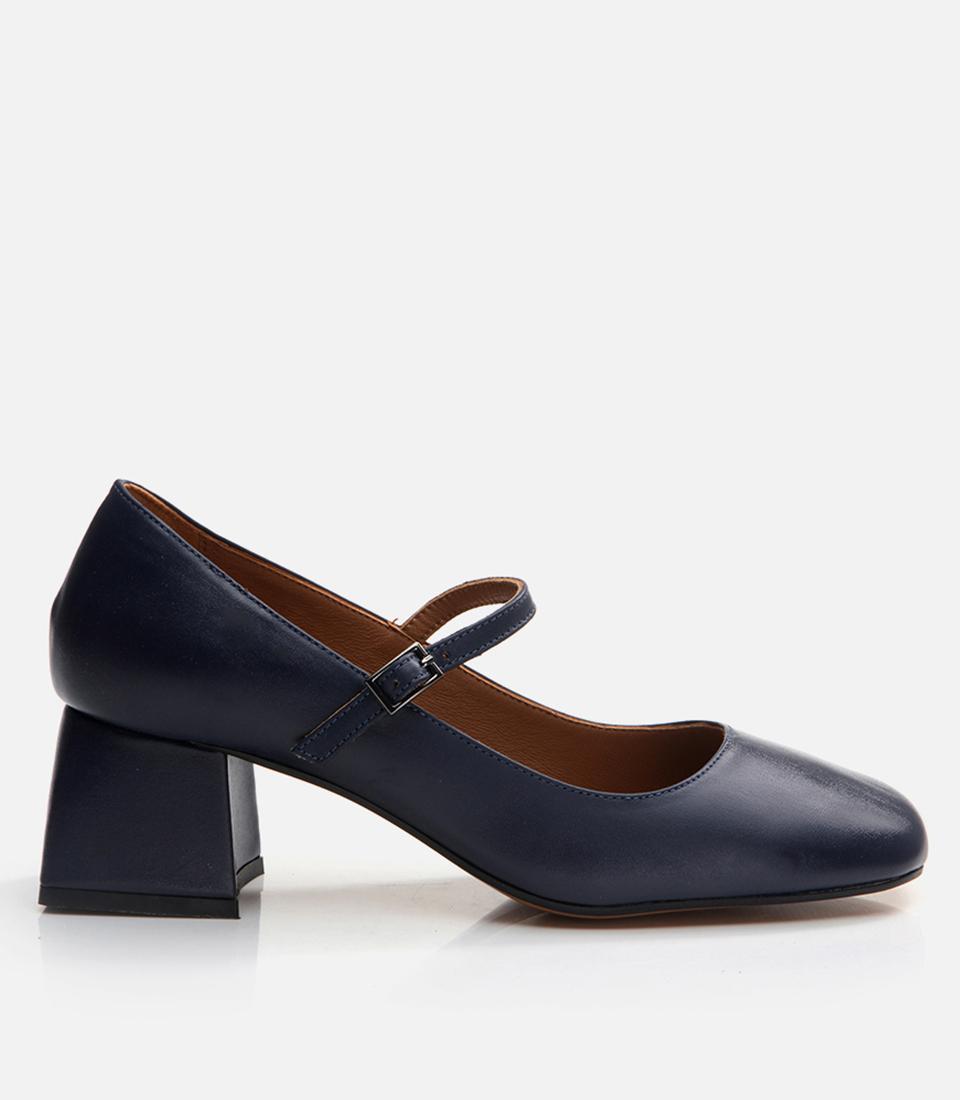  Kadın Deri Mary Jane Lacivert Kalın Topuklu Ayakkabı