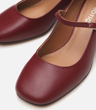  Kadın Deri Mary Jane Bordo Kalın Topuklu Ayakkabı