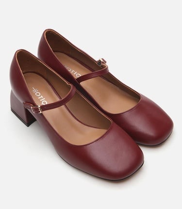  Kadın Deri Mary Jane Bordo Kalın Topuklu Ayakkabı