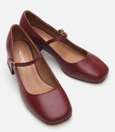  Kadın Deri Mary Jane Bordo Kalın Topuklu Ayakkabı