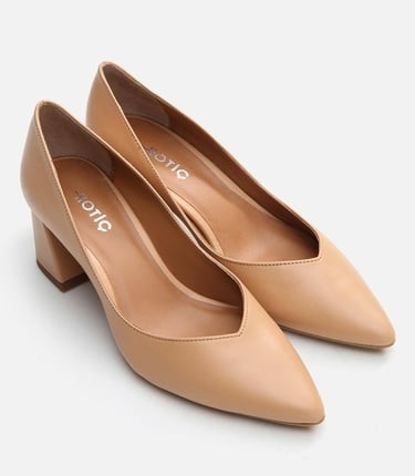  Kadın Deri Bej Kalın Topuklu Ayakkabı