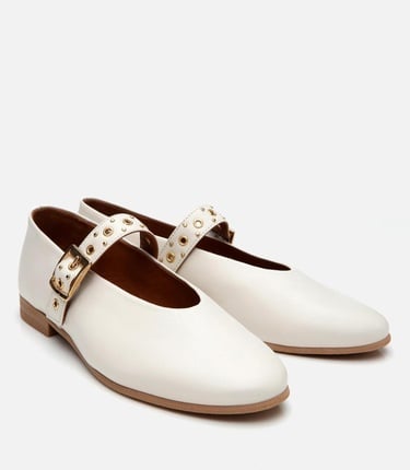  Kadın Deri Ekru Mary Jane Kemerli Babet