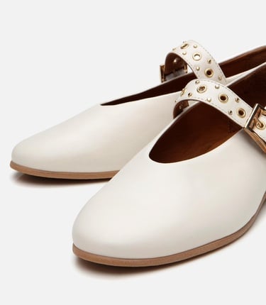  Kadın Deri Ekru Mary Jane Kemerli Babet