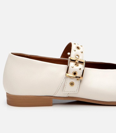  Kadın Deri Ekru Mary Jane Kemerli Babet