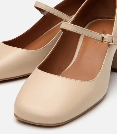  Kadın Deri Bej Mary Jane Kalın Topuklu Ayakkabı