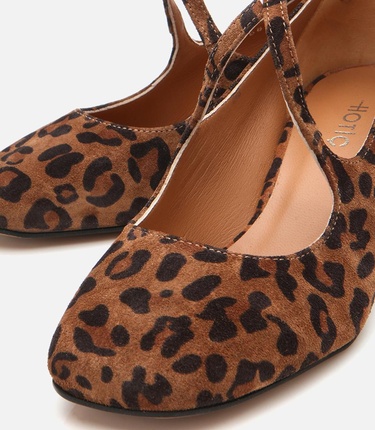 Kadın Deri Mary Jane Leopar Desenli Kalın Topuklu Ayakkabı