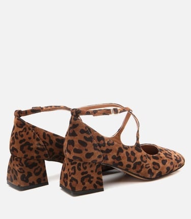  Kadın Deri Mary Jane Leopar Desenli Kalın Topuklu Ayakkabı