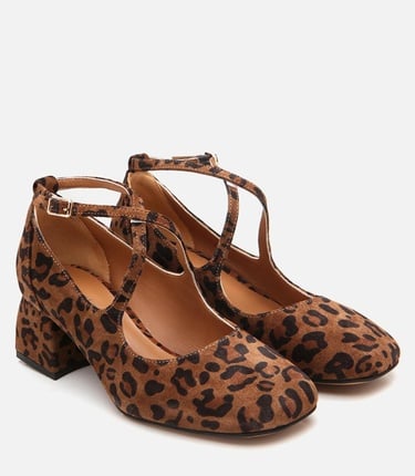  Kadın Deri Mary Jane Leopar Desenli Kalın Topuklu Ayakkabı