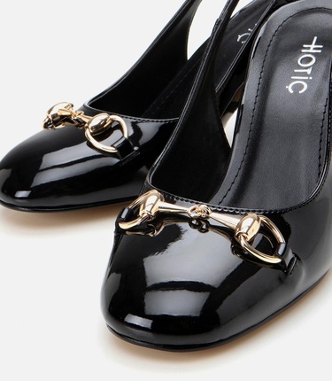  Kadın Rugan Siyah Arkası Açık Kalın Topuklu Ayakkabı