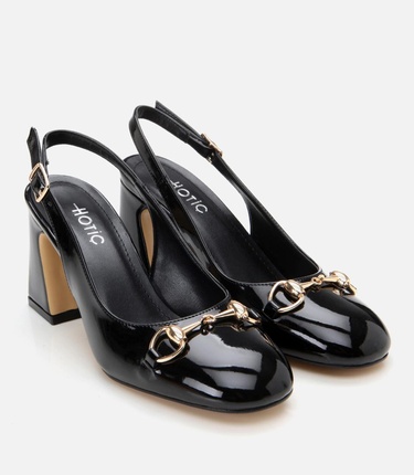  Kadın Rugan Siyah Arkası Açık Kalın Topuklu Ayakkabı