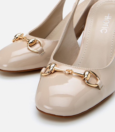  Kadın Rugan Bej Arkası Açık Kalın Topuklu Ayakkabı