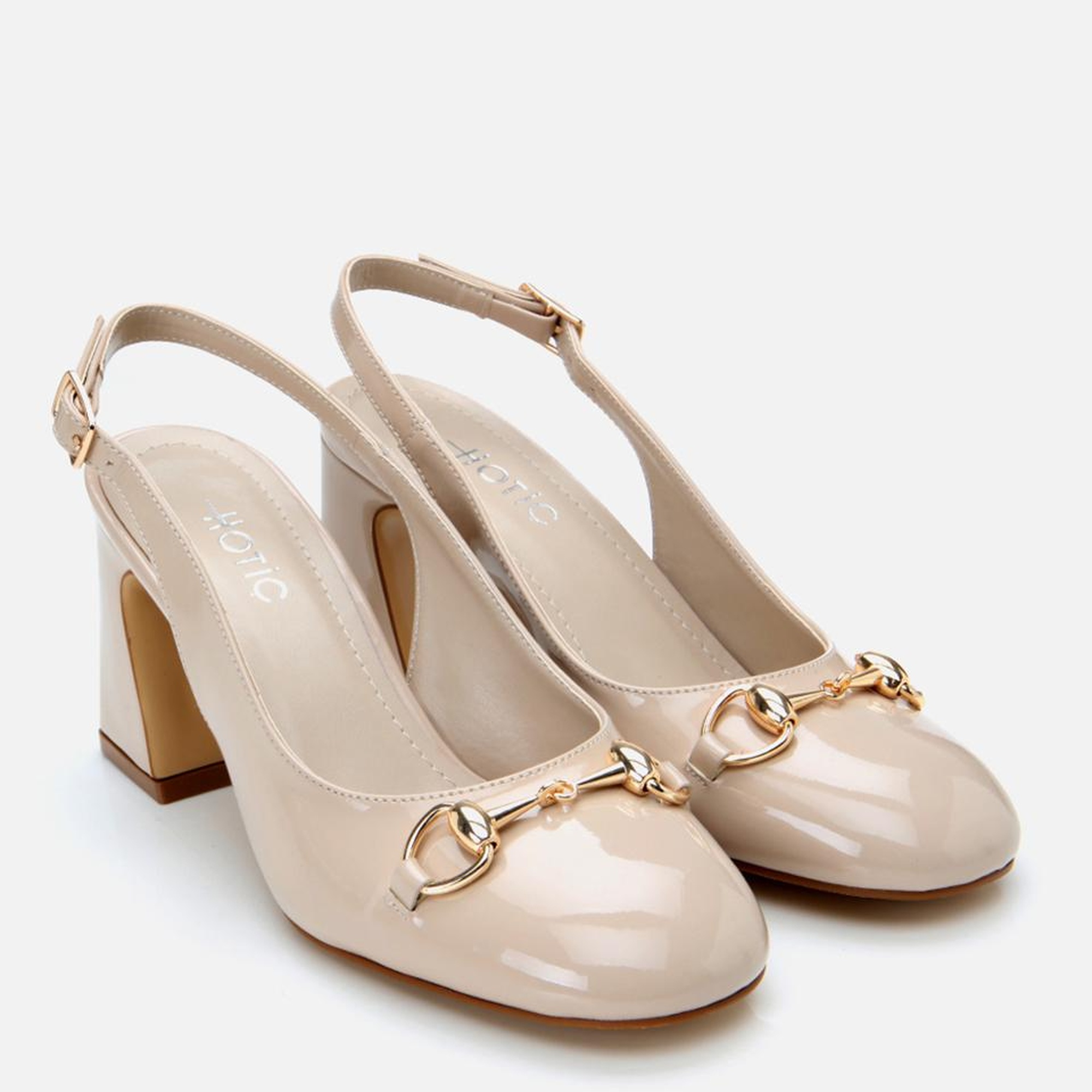 Kadın Rugan Bej Arkası Açık Kalın Topuklu Ayakkabı