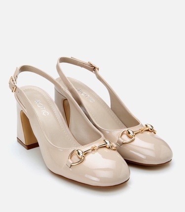  Kadın Rugan Bej Arkası Açık Kalın Topuklu Ayakkabı