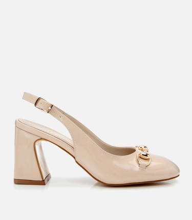  Kadın Rugan Bej Arkası Açık Kalın Topuklu Ayakkabı
