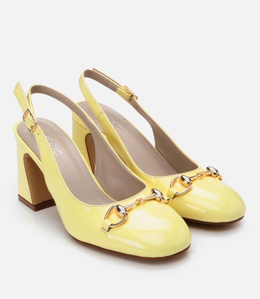  Kadın Rugan Sarı Arkası Açık Kalın Topuklu Ayakkabı
