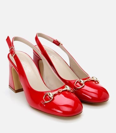  Kadın Rugan Kırmızı Arkası Açık Kalın Topuklu Ayakkabı