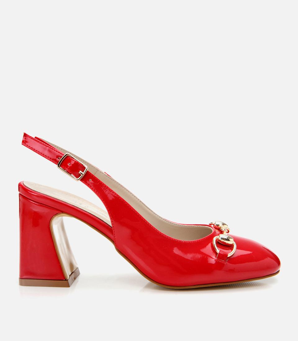  Kadın Rugan Kırmızı Arkası Açık Kalın Topuklu Ayakkabı