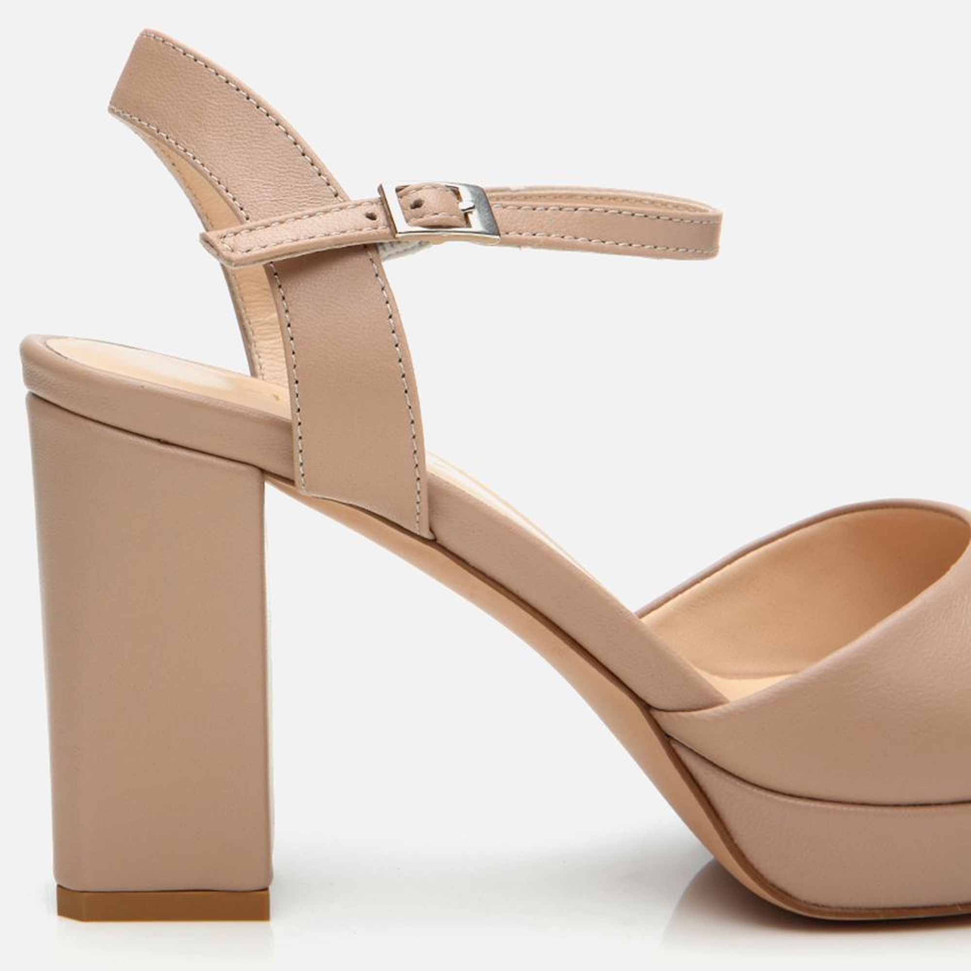 Kadın Deri Bej Kalın Topuklu Sandalet