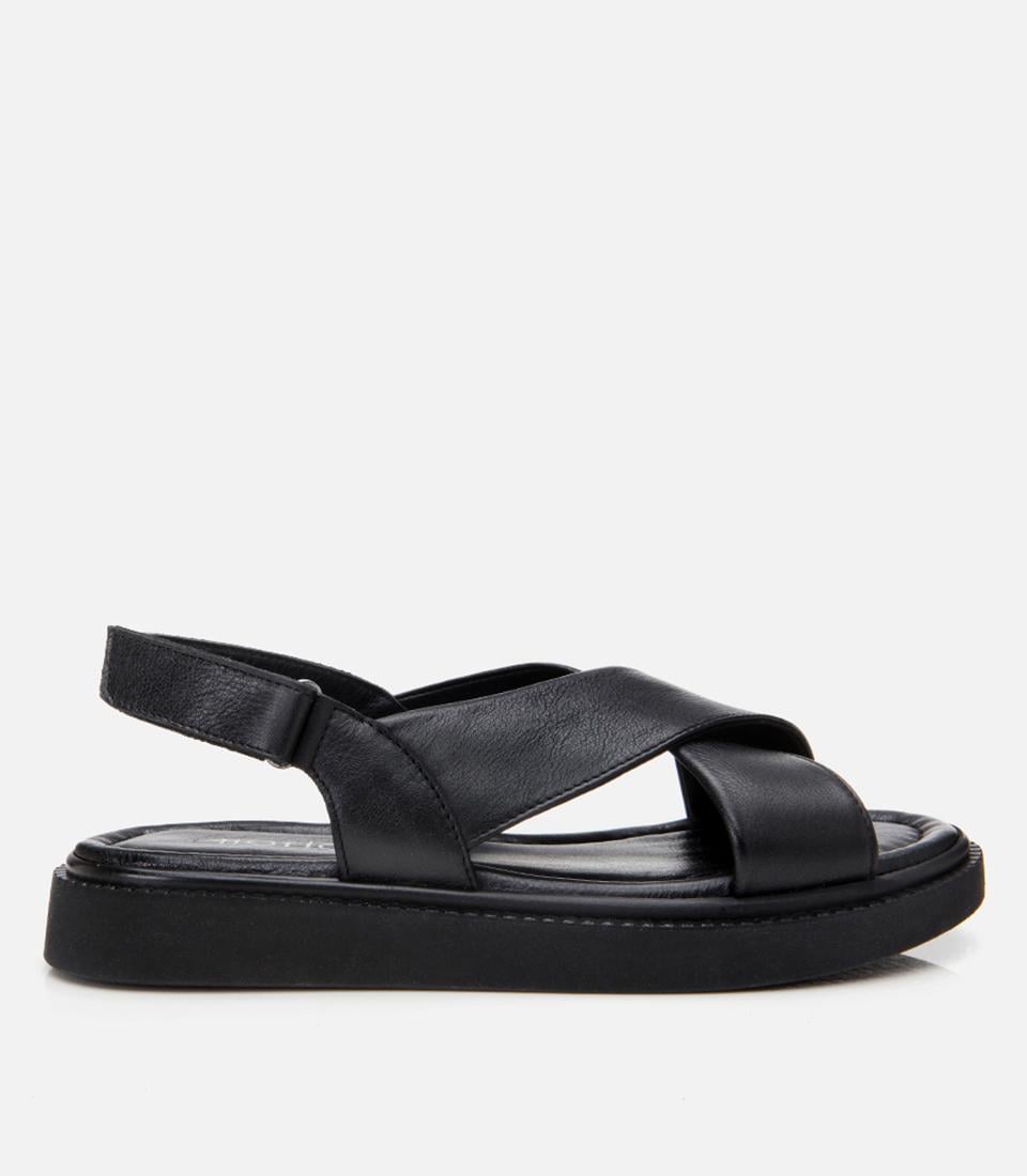  Kadın Deri Siyah Ayarlanabilir Düz Sandalet