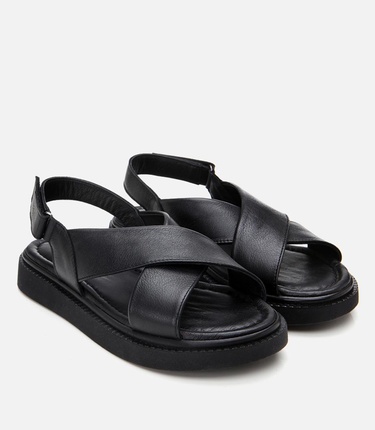  Kadın Deri Siyah Ayarlanabilir Düz Sandalet