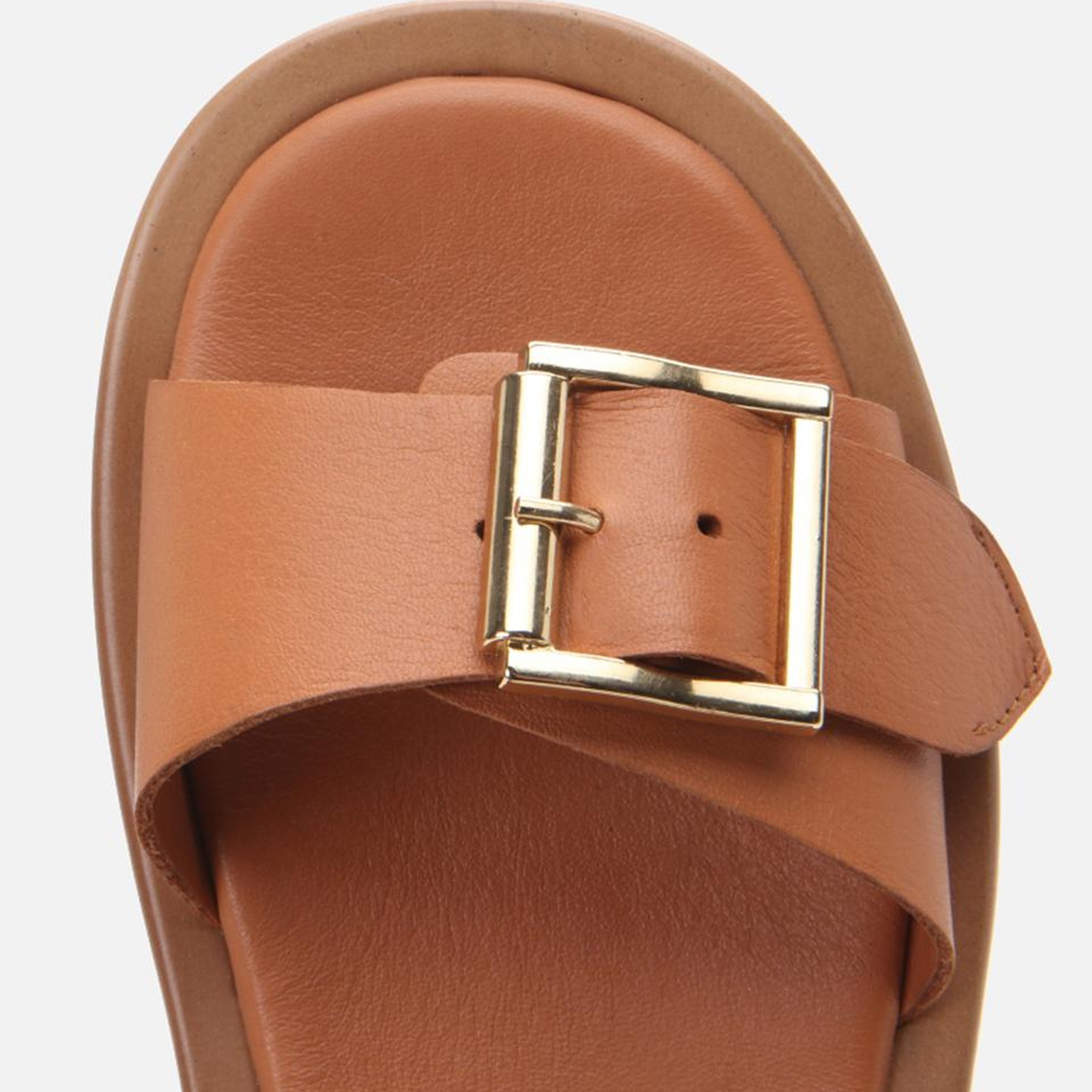 Kadın Deri Taba Kemerli Düz Sandalet