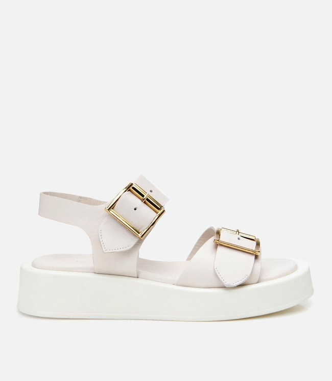  Kadın Deri Ekru Kemerli Düz Sandalet