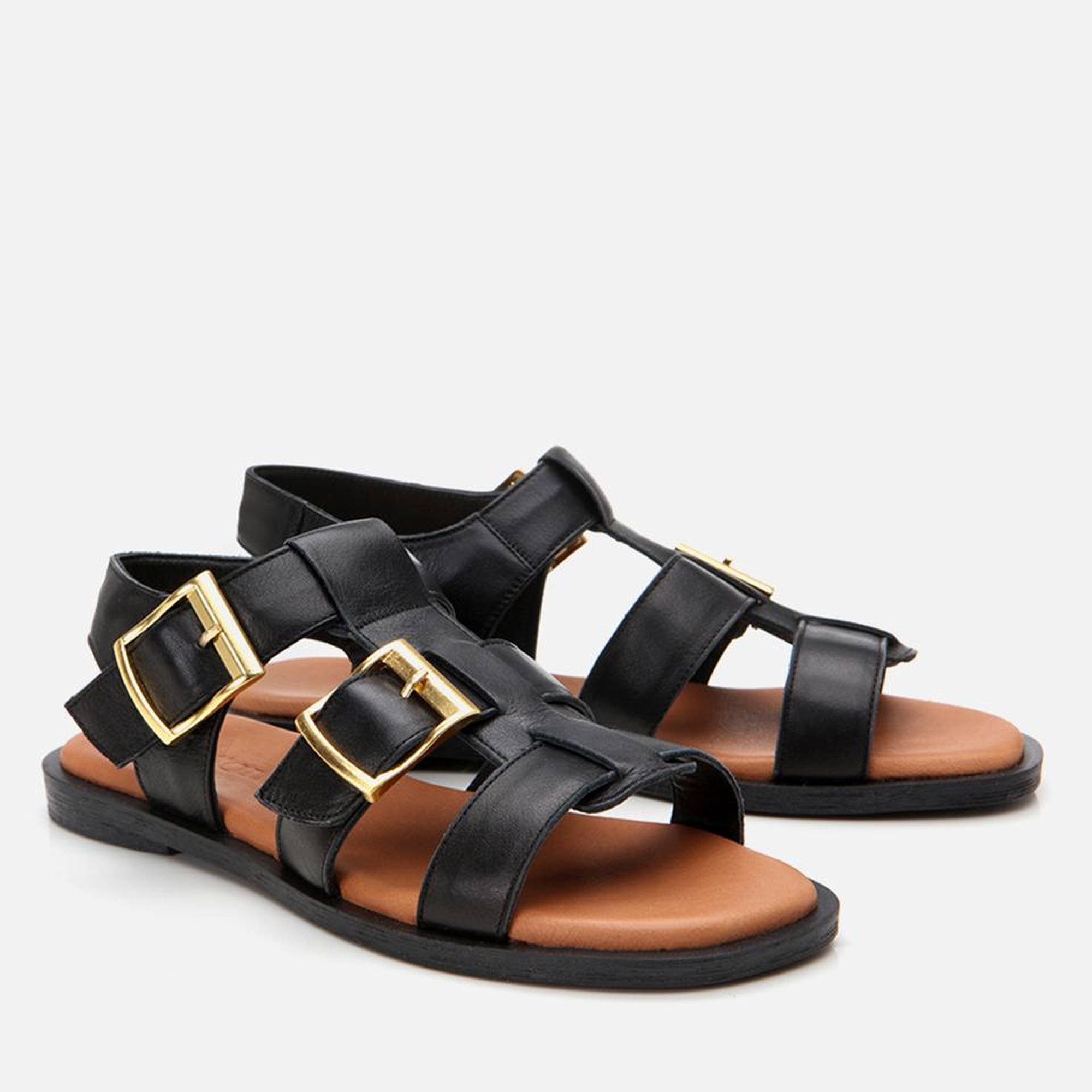 Kadın Deri Siyah Kemerli Düz Sandalet